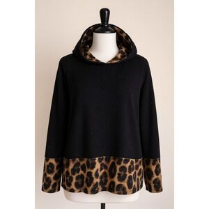 CY Fashion Women Large Black Leopard Trim Hoodie Top Boho Animal Print Momcore